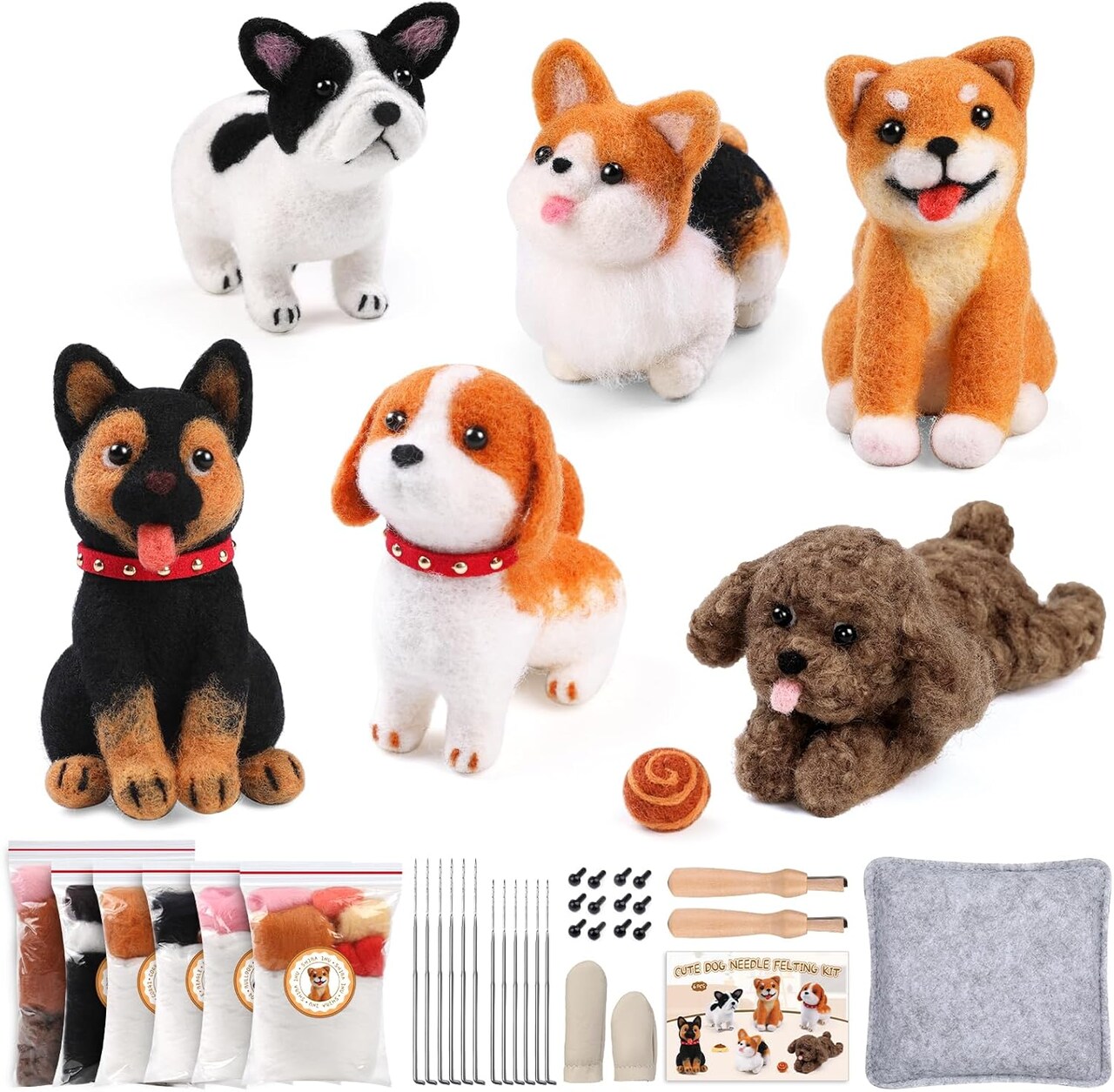 6 PCS Needle Felting Kit, Animal Needle Felting Beginner Kits Wool Felt Needle Felting Tools with Instruction for DIY Craft Animal Home Decoration (Cute Dog)